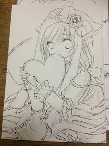 Rating: Safe Score: 0 Tags: 1girl animal_ears bonnet cat_ears closed_eyes flower frills hat image long_hair long_sleeves monochrome rose shikishi signature smile solo suiseiseki traditional_media User: admin