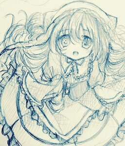 Rating: Safe Score: 0 Tags: 1girl breasts eyebrows_visible_through_hair frills hair_between_eyes image long_hair looking_at_viewer monochrome open_mouth solo suiseiseki third_eye traditional_media User: admin