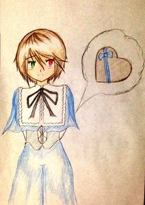 Rating: Safe Score: 0 Tags: 1girl blonde_hair blush chocolate dress gift green_eyes hat heart-shaped_box heterochromia image red_eyes ribbon short_hair solo souseiseki traditional_media valentine User: admin