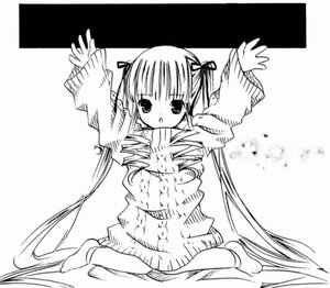 Rating: Safe Score: 0 Tags: 1girl full_body greyscale hair_ribbon image long_hair long_sleeves looking_at_viewer monochrome ribbon shinku sitting solo sweater twintails very_long_hair wariza User: admin