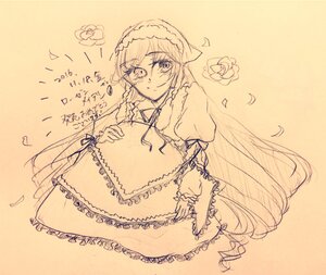 Rating: Safe Score: 0 Tags: 1girl dress flower frills image juliet_sleeves long_hair long_sleeves looking_at_viewer monochrome petals rose smile solo suiseiseki very_long_hair User: admin