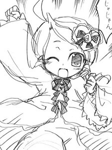 Rating: Safe Score: 0 Tags: 1girl ;d ahoge auto_tagged blush dress frills greyscale hat image kanaria long_sleeves monochrome one_eye_closed open_mouth simple_background smile solo white_background User: admin