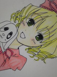 Rating: Safe Score: 0 Tags: 1girl :d blonde_hair blush drill_hair green_eyes hina_ichigo hinaichigo image looking_at_viewer marker_(medium) open_mouth photo simple_background smile solo tomoe_mami traditional_media twin_drills upper_body User: admin