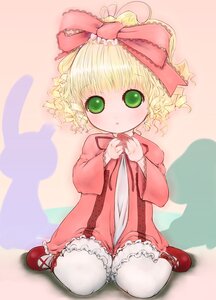 Rating: Safe Score: 0 Tags: 1girl :o blonde_hair blush bow dress frills full_body green_eyes hina_ichigo hinaichigo image long_sleeves looking_at_viewer pantyhose pink_bow pink_footwear red_footwear shadow shoes short_hair sitting solo striped wariza white_legwear User: admin