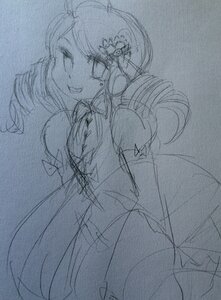 Rating: Safe Score: 0 Tags: 1girl detached_sleeves hair_ornament image kanaria long_hair monochrome sketch smile solo traditional_media User: admin