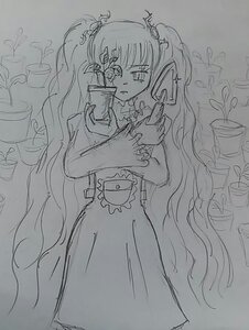 Rating: Safe Score: 0 Tags: 1girl bangs dress eyepatch greyscale holding image kirakishou long_hair monochrome sketch solo traditional_media twintails very_long_hair User: admin