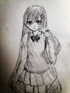 Rating: Safe Score: 0 Tags: 1girl bag bow bowtie greyscale hair_ornament hairclip image kochiya_sanae long_hair long_sleeves looking_at_viewer monochrome skirt solo standing suiseiseki traditional_media very_long_hair User: admin