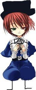 Rating: Safe Score: 0 Tags: 1girl blue_dress brown_hair dress full_body green_eyes hat image long_sleeves looking_at_viewer parted_lips red_eyes short_hair simple_background solo souseiseki white_background User: admin