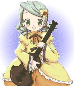 Rating: Safe Score: 0 Tags: 1girl :d blush dress drill_hair electric_guitar frills green_eyes green_hair guitar gun halftone halftone_background image instrument kanaria long_sleeves music open_mouth playing_instrument polka_dot polka_dot_background smile solo twin_drills violin yellow_dress User: admin