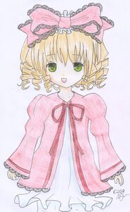 Rating: Safe Score: 0 Tags: 1girl :d blonde_hair bow dress drill_hair eyebrows_visible_through_hair frills green_eyes hina_ichigo hinaichigo image long_sleeves looking_at_viewer open_mouth pink_bow pink_dress ribbon smile solo striped traditional_media User: admin