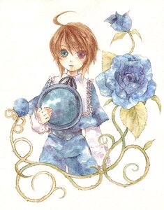 Rating: Safe Score: 0 Tags: 1girl ahoge blue_dress blue_flower blue_rose brown_hair dress flower green_eyes hat hat_removed headwear_removed holding holding_hat image long_sleeves ribbon rose short_hair solo souseiseki User: admin