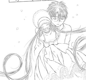 Rating: Safe Score: 0 Tags: 1boy bonnet capelet closed_eyes dress facing_viewer glasses greyscale hat hat_removed headwear_removed image long_hair long_sleeves monochrome ribbon sakurada_jun shinku solo striped very_long_hair User: admin