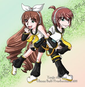 Rating: Safe Score: 0 Tags: 1boy 1girl brown_hair detached_sleeves green_eyes headphones headset heterochromia image kagamine_len kagamine_rin long_hair pair red_eyes ribbon sailor_collar siblings smile souseiseki suiseiseki twins User: admin