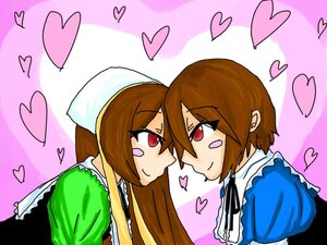 Rating: Safe Score: 0 Tags: 2girls apron blush brown_hair dress frills heart heart_background image long_hair multiple_girls pair red_eyes short_hair siblings sisters smile souseiseki suiseiseki twins yuri User: admin