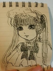 Rating: Safe Score: 0 Tags: 1girl bangs bow bowtie dress hat image long_hair long_sleeves looking_at_viewer mob_cap monochrome photo shinku simple_background sketch solo traditional_media upper_body User: admin