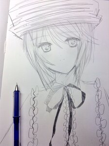 Rating: Safe Score: 0 Tags: 1girl closed_mouth eyebrows_visible_through_hair frills graphite_(medium) greyscale hariruri hat image looking_at_viewer monochrome photo short_hair simple_background solo souseiseki traditional_media User: admin