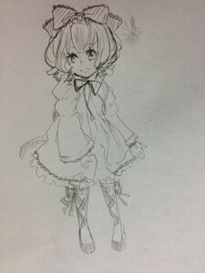 Rating: Safe Score: 0 Tags: 1girl blush bow dress front_ponytail full_body hair_bow hair_ribbon hinaichigo image kagiyama_hina long_sleeves looking_at_viewer monochrome puffy_sleeves ribbon sketch smile solo standing traditional_media User: admin