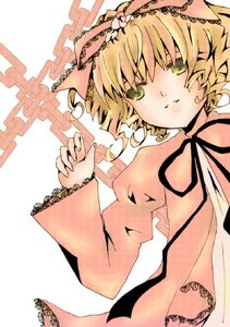 Rating: Safe Score: 0 Tags: 1girl blonde_hair chain dress green_eyes hina_ichigo hinaichigo image long_sleeves ribbon short_hair solo white_background User: admin