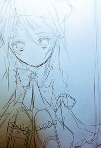 Rating: Safe Score: 0 Tags: 1girl akemi_homura bow frills hariruri image kaname_madoka long_hair looking_at_viewer magical_girl monochrome simple_background sketch solo souseiseki traditional_media white_background User: admin