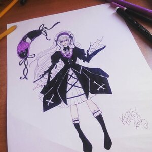 Rating: Safe Score: 0 Tags: 1girl black_wings cross dated dress frills gothic_lolita hairband image kneehighs lolita_fashion long_hair long_sleeves photo purple_eyes ribbon signature solo suigintou traditional_media wings User: admin