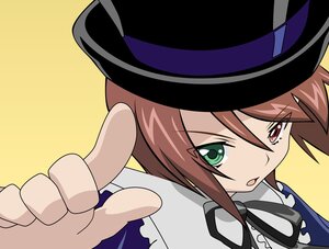 Rating: Safe Score: 0 Tags: 1girl brown_hair green_eyes hat heterochromia image long_hair long_sleeves red_eyes ribbon simple_background solo souseiseki suiseiseki top_hat yellow_background User: admin