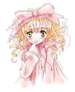 Rating: Safe Score: 0 Tags: 1girl blonde_hair blush bow dress drill_hair eating food green_eyes hair_bow hina_ichigo hinaichigo image long_hair long_sleeves pink_bow sketch solo User: admin