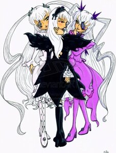 Rating: Safe Score: 0 Tags: 3girls auto_tagged boots dress frills hair_ornament high_heels image long_hair long_sleeves multiple multiple_girls purple_eyes standing tagme twintails very_long_hair white_hair User: admin