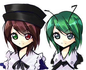 Rating: Safe Score: 0 Tags: 2girls antennae brown_hair eyebrows_visible_through_hair green_eyes green_hair hat heterochromia image looking_at_viewer multiple_girls red_eyes short_hair simple_background smile solo souseiseki white_background wriggle_nightbug User: admin