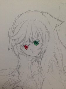Rating: Safe Score: 0 Tags: 1girl eyebrows_visible_through_hair fur_trim green_eyes heterochromia image long_hair long_sleeves looking_at_viewer red_eyes simple_background solo spot_color suiseiseki traditional_media upper_body User: admin