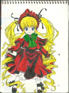 Rating: Safe Score: 0 Tags: 1girl blonde_hair blue_eyes blush bonnet bow bowtie dress frills full_body green_bow image long_hair long_sleeves looking_at_viewer marker_(medium) photo shinku shoes simple_background solo traditional_media twintails very_long_hair User: admin