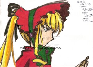 Rating: Safe Score: 0 Tags: blonde_hair bonnet hat image long_hair long_sleeves multiple_girls parody shinku simple_background solo white_background User: admin