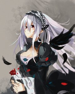 Rating: Safe Score: 0 Tags: 1girl black_dress black_wings blush breasts cleavage closed_mouth commentary_request dress feathered_wings feathers flower frown gothic_lolita hair_between_eyes hairband highres image juliet_sleeves lolita_fashion lolita_hairband long_hair long_sleeves looking_at_viewer medium_breasts orokanahime petals photoshop_(medium) red_eyes red_flower red_rose rose rose_petals rozen_maiden silver_hair simple_background solo suigintou tears traditional_media wings User: admin