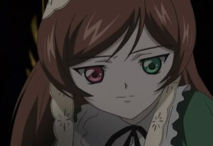 Rating: Safe Score: 0 Tags: 1girl black_background brown_hair closed_mouth frills frown green_eyes image long_hair looking_at_viewer red_eyes ribbon serious simple_background solo suiseiseki swept_bangs User: admin