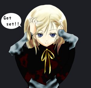 Rating: Safe Score: 0 Tags: 1girl bangs black_background blonde_hair blue_eyes enju_maiden keikoutou long_sleeves looking_at_viewer ribbon simple_background solo upper_body User: admin