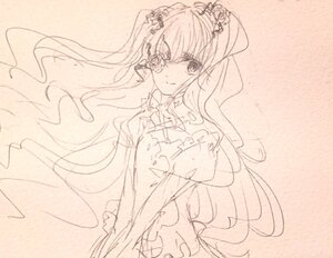 Rating: Safe Score: 0 Tags: 1girl bow detached_sleeves dress flower frills hair_flower hair_ornament hatsune_miku image kirakishou long_hair looking_at_viewer monochrome smile solo very_long_hair User: admin