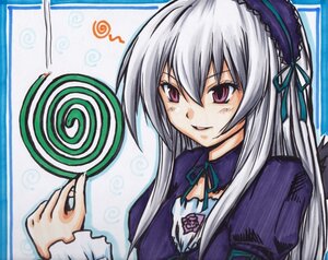 Rating: Safe Score: 0 Tags: 1girl candy dress hairband image long_hair long_sleeves looking_at_viewer pink_eyes silver_hair simple_background smile solo suigintou upper_body wings User: admin