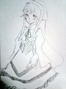 Rating: Safe Score: 0 Tags: 1girl braid dress image long_hair long_sleeves maid_headdress monochrome solo suiseiseki traditional_media twin_braids User: admin