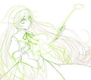 Rating: Safe Score: 0 Tags: 1girl auto_tagged dress green_theme hairband image long_hair long_sleeves looking_at_viewer monochrome puffy_sleeves ribbon simple_background solo standing suiseiseki very_long_hair white_background User: admin