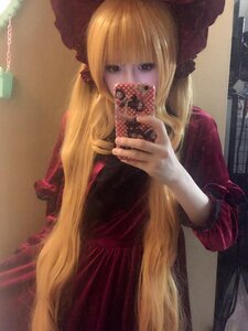Rating: Safe Score: 0 Tags: 1girl bangs blonde_hair bow covered_mouth covering_mouth dress hair_bow holding indoors long_hair long_sleeves looking_at_viewer shinku solo traditional_media User: admin