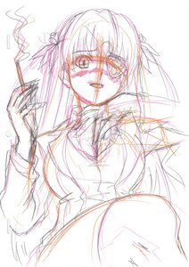 Rating: Safe Score: 0 Tags: 1girl barasuishou blood breasts hair_ribbon image long_hair long_sleeves monochrome ribbon sketch solo thighhighs User: admin