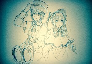 Rating: Safe Score: 0 Tags: 2girls blue_theme bow capelet frills hat image long_hair long_sleeves looking_at_viewer monochrome multiple_girls nagae_iku pair ribbon shinku short_hair siblings sisters smile souseiseki traditional_media User: admin
