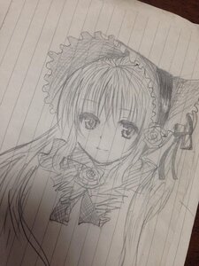 Rating: Safe Score: 0 Tags: 1girl bow flower hair_bow image long_hair monochrome rose shinku smile solo traditional_media User: admin