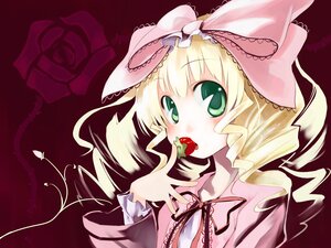 Rating: Safe Score: 0 Tags: 1girl blonde_hair blush bow drill_hair eating flower food frills fruit german_text green_eyes hair_bow highres hina_ichigo hinaichigo image long_hair long_sleeves object_namesake pink_bow red_flower red_rose ribbon rose rozen_maiden solo strawberry upper_body ushiki_yoshitaka User: admin