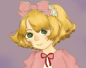 Rating: Safe Score: 0 Tags: 1girl blonde_hair bow closed_mouth green_eyes hair_bow hina_ichigo hinaichigo image looking_at_viewer neck_ribbon pink_bow portrait puffy_sleeves purple_background ribbon short_hair simple_background smile solo upper_body User: admin