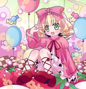 Rating: Safe Score: 0 Tags: 1girl argyle balloon blonde_hair bloomers blush bow checkered checkered_background checkered_floor dress drill_hair food fruit green_eyes hina_ichigo hinaichigo image long_sleeves open_mouth ribbon shoes short_hair sitting smile solo strawberry tiles underwear User: admin