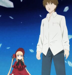 Rating: Safe Score: 0 Tags: 1boy 1girl blonde_hair blue_eyes bonnet bowtie brown_hair dress image long_hair long_sleeves pants petals shinku shirt sky solo standing twintails white_shirt User: admin