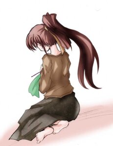 Rating: Safe Score: 0 Tags: 1girl barefoot brown_hair feet full_body hair_ribbon image long_hair long_sleeves ponytail ribbon simple_background sitting skirt soles solo suiseiseki white_background User: admin