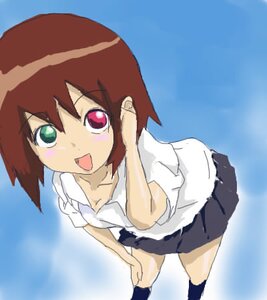 Rating: Safe Score: 0 Tags: 1girl :d bent_over black_legwear black_skirt blue_background blush green_eyes heterochromia image kneehighs leaning_forward looking_at_viewer miniskirt oekaki open_mouth pleated_skirt red_eyes red_hair shirt short_hair short_sleeves skirt smile solo souseiseki standing thighhighs white_shirt zettai_ryouiki User: admin