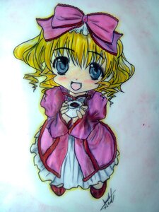 Rating: Safe Score: 0 Tags: 1girl blonde_hair blue_eyes blush bow chibi dress full_body hina_ichigo hinaichigo image juliet_sleeves long_sleeves looking_at_viewer open_mouth pink_bow puffy_sleeves red_footwear short_hair smile solo standing traditional_media User: admin