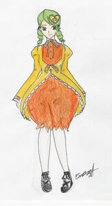 Rating: Safe Score: 0 Tags: 1girl artist_name dress full_body green_eyes green_hair hair_ornament image kanaria long_sleeves orange_dress pantyhose shoes signature smile solo standing traditional_media User: admin